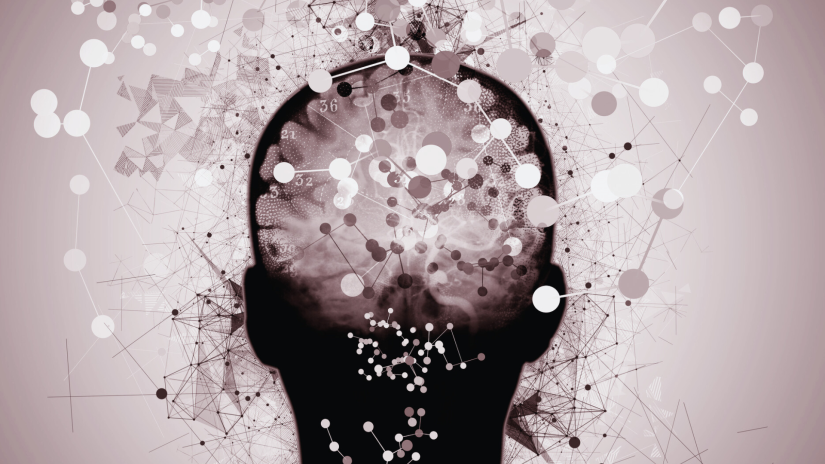 Montage photo représentant une tête humaine vue d'arrière avec une représentation du cerveau sous forme de multitudes de liens et connexions