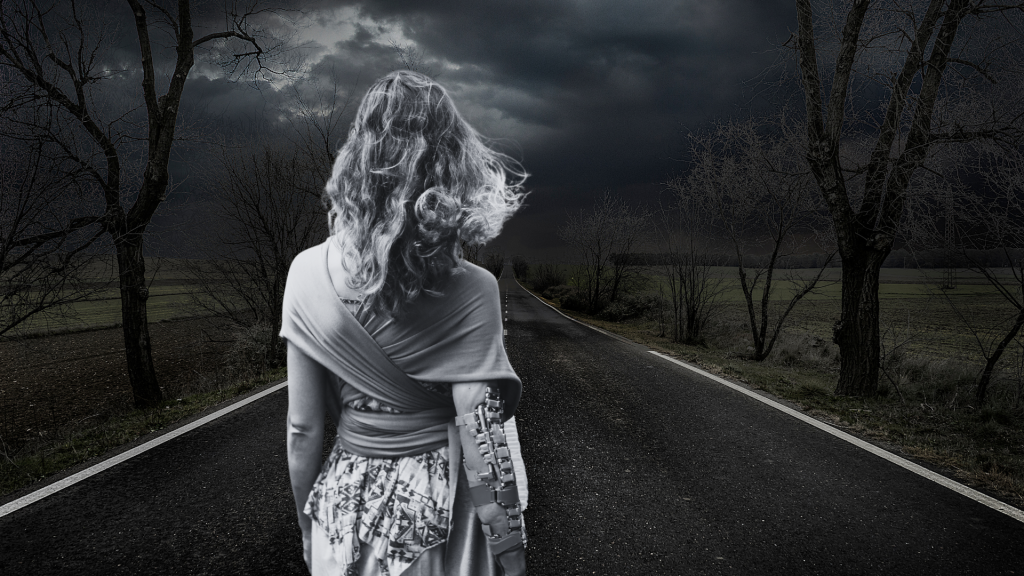 La même femme, de dos, regarde une route de bitume noir cernés d'arbres mort. Elle a une prothèse au bras.